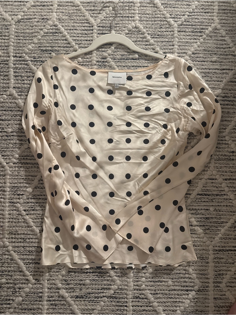 Reformation Cream Polka Dot Satin Long-Sleeve Top